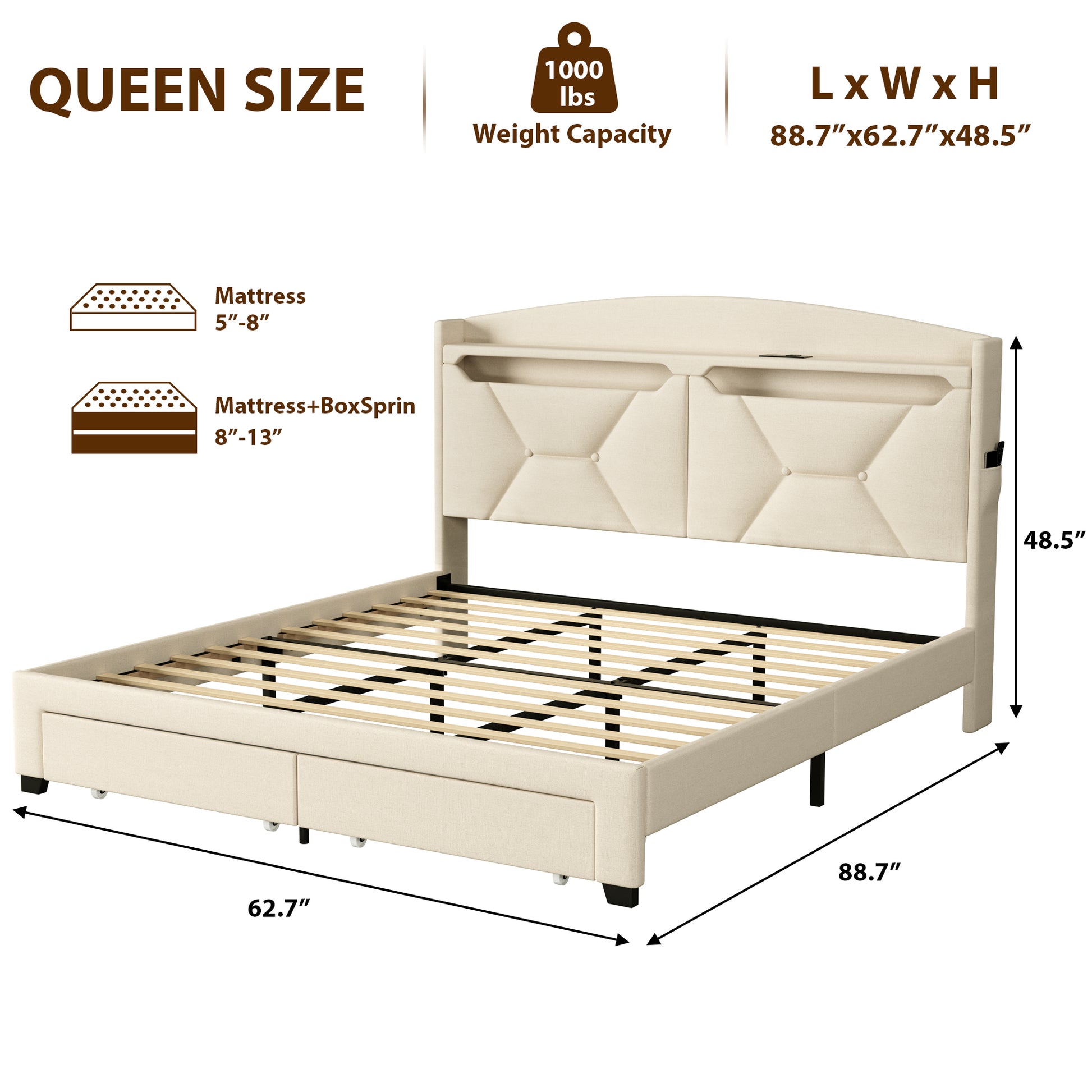 Storage Headboard ,Queen Size With Rf Led Lights Box Spring Not Required Queen Beige Wood Brown Bedroom American Design Poplar Bed Frame Metal & Wood Polyester Fabric