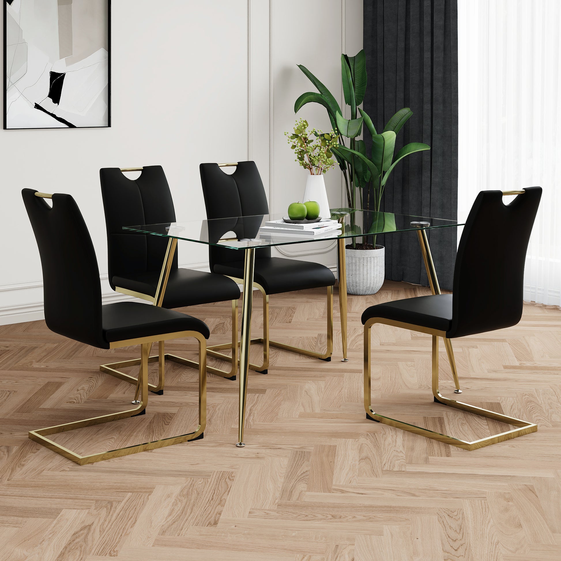 Modern Simple Rectangular Glass Dining Table, Wear Resistant Tempered Glass Countertop, Gold Plated Legs, Black Pu Dining Chair Set, Suitable For Restaurant Kitchen Use Set Of 5 Upholstered Chair