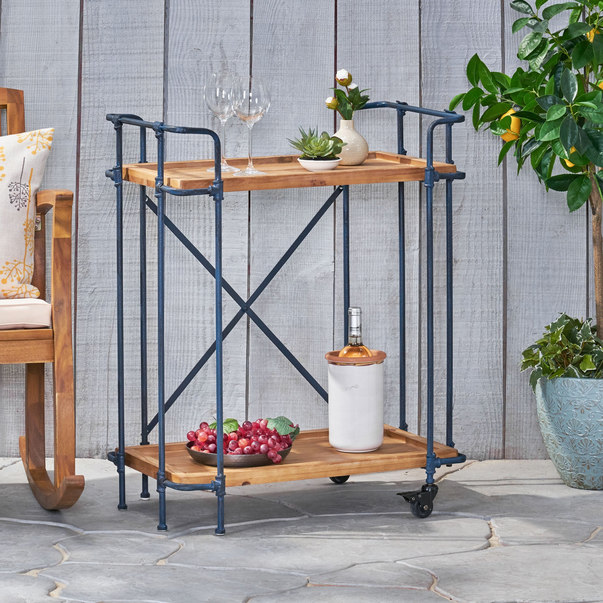 Eden Plummers Pipe Bar Cart Antique Black Wood Metal