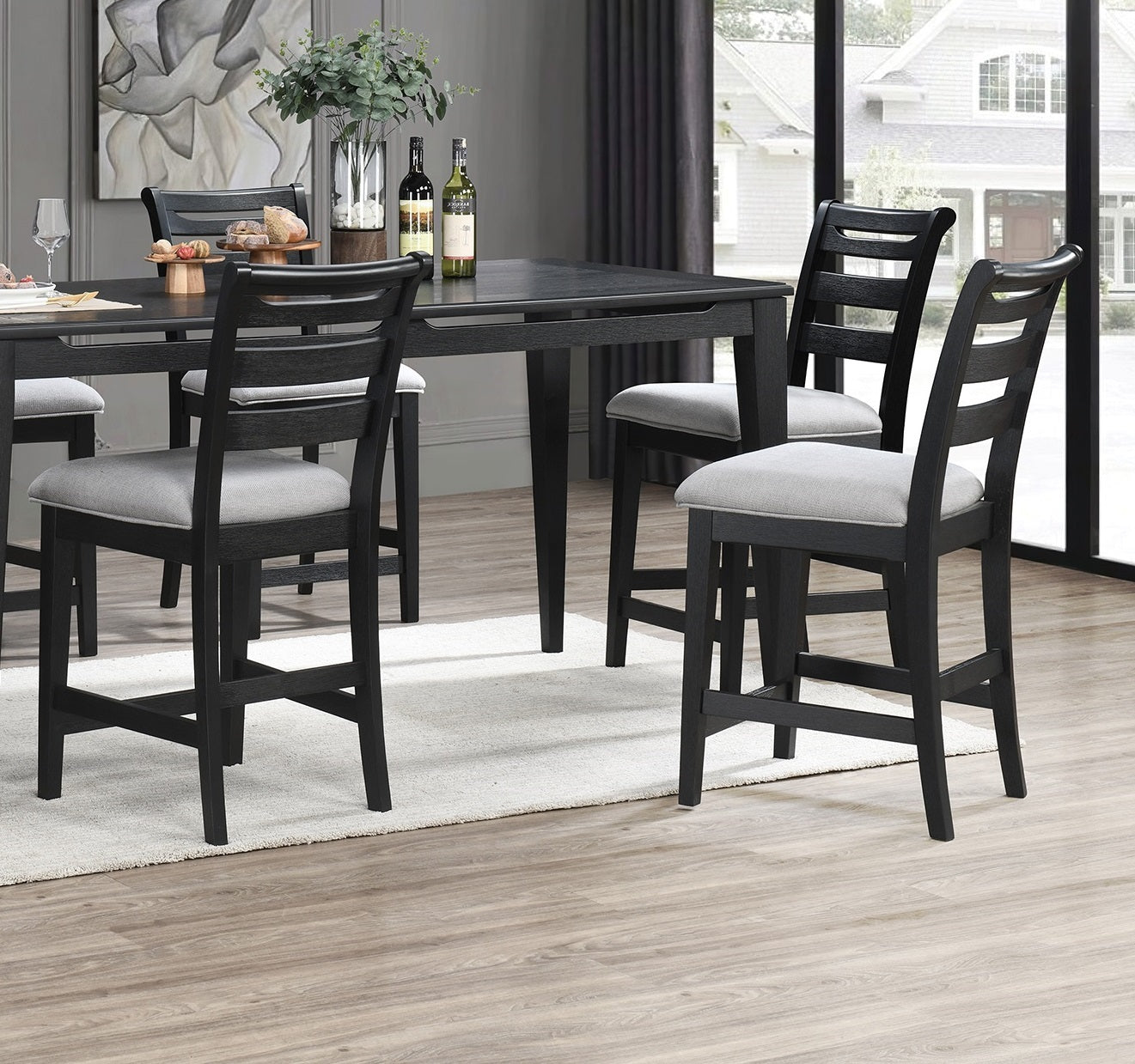 Modern 2Pc Counter Height Dining Chairs Black Color Ladder Back Frame Upholstered Cushion Seat Solid Wood Kitchen Dining Room Black Dining Room Foam Classic,Contemporary,Modern Dining Chairs Rubberwood Ladder Back Set Of 2 Fabric,Rubber Wood