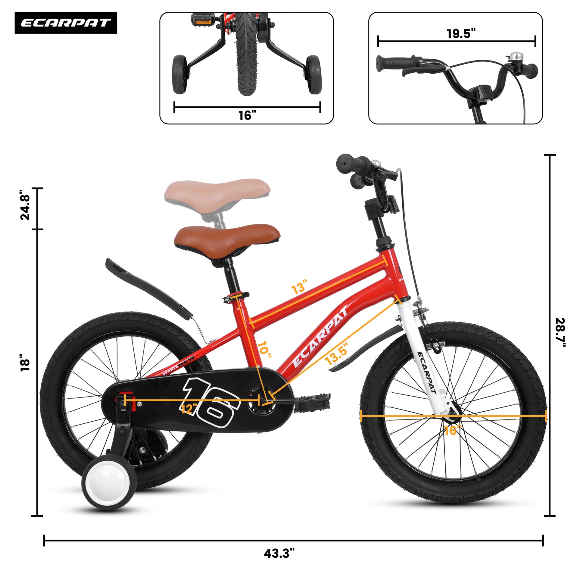 A16114 Kids Bike 16 Inch For Boys & Girls With Training Wheels, Freestyle Kids' Bicycle With Fender. Red Steel