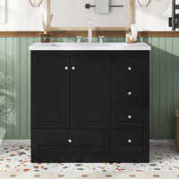 Video 36 Inch Shaker Style Free Standing Bathroom Vanity Cabinet With Sink, 4 Soft Close Drawers And 2 Soft Close Doors Black Bathroom Mdf