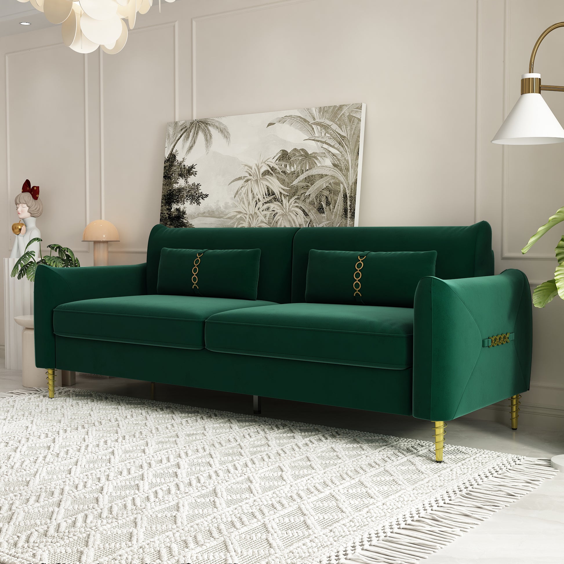 Fx P19 Rg Sofa 85.8Inch Velvet Sofa Couch Luxury Modern Upholstered Sofa With 2 Pillows For Livingroom Retro Green Velvet 2 Seat