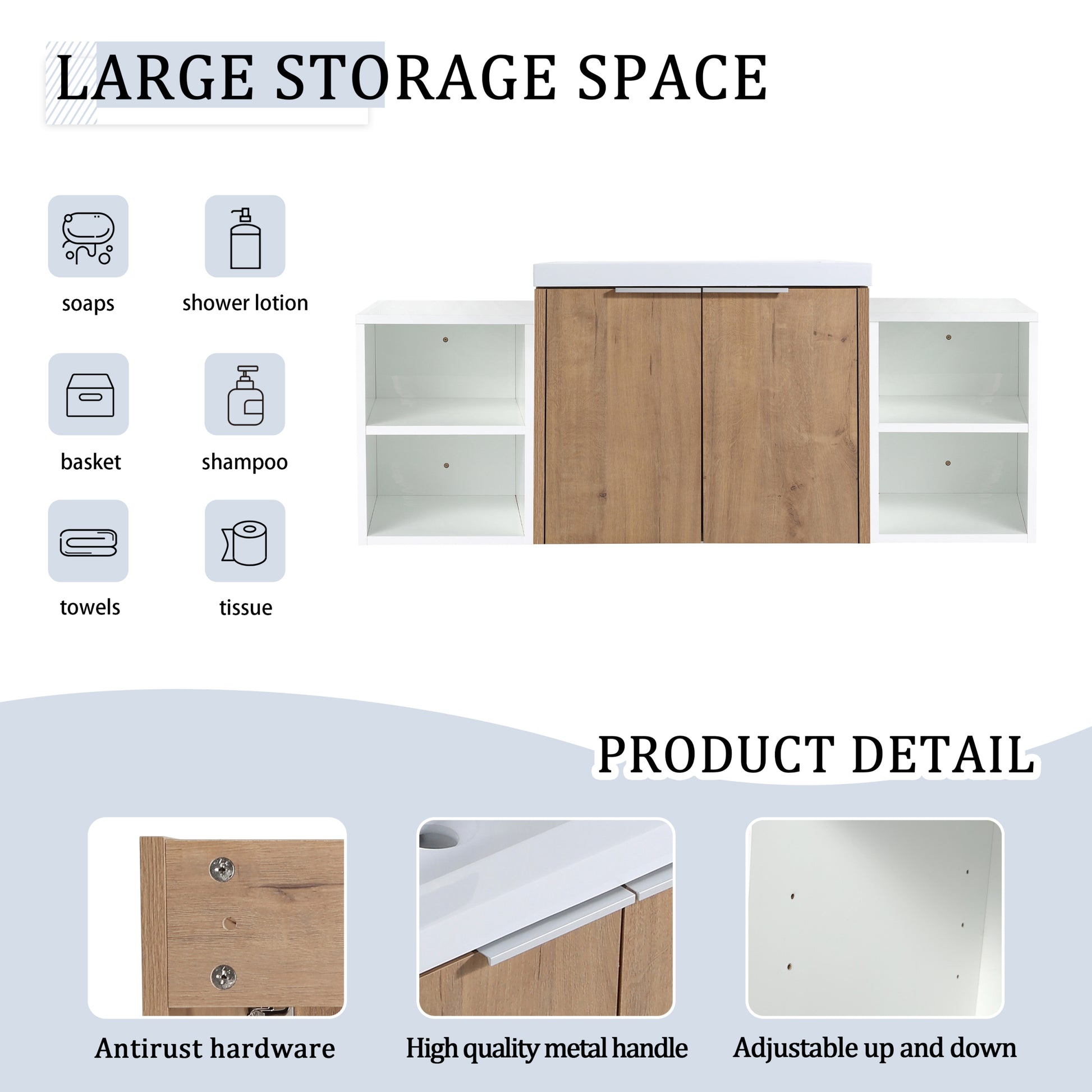 48 Inch Soft Close Doors Bathroom Vanity With Sink, Two Small Storage Shelves, 24" And 12" Combination Cabinet, Kd Packing Imitative Oak 2 2 Bathroom Wall Mounted Modern Plywood