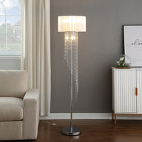 65.75"H Sheer White Drum Shade Rain Crystal Chrome Metal Floor Lamp For Living Room, Standing Lamp For Bedroom Silver White Metal