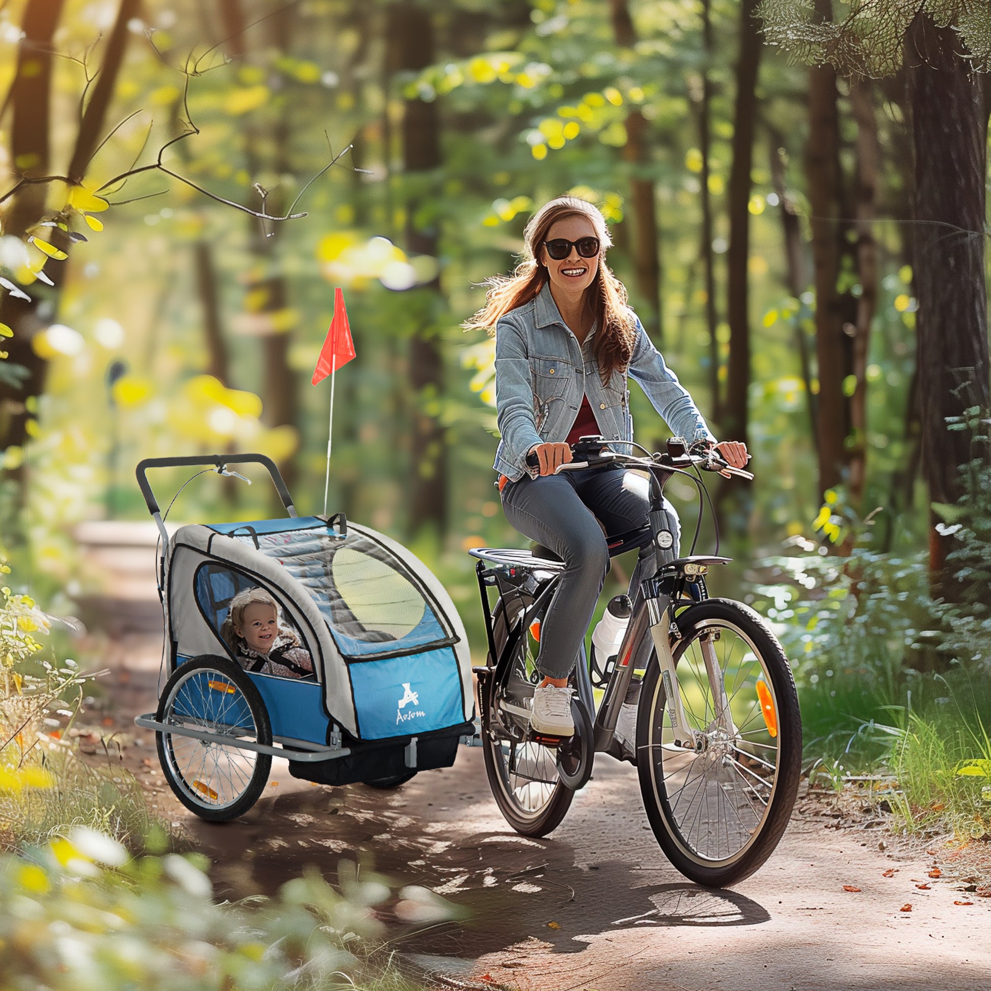 Aosom Elite Three Wheel Bike Trailer For Kids Bicycle Cart For Two Children With 2 Security Harnesses & Storage, Blue Blue Aluminum