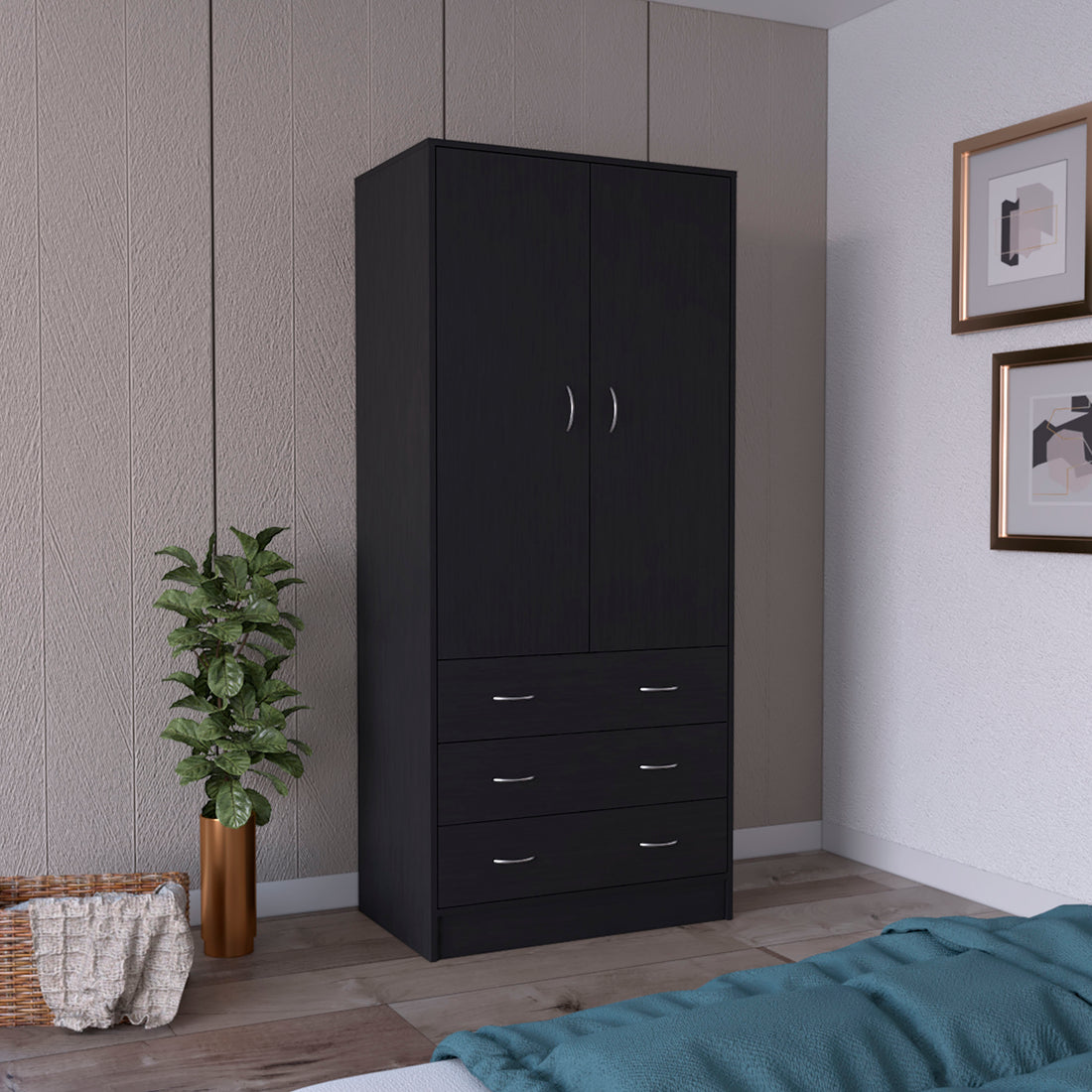 Armoire 71" H, With 2 Doors, 3 Drawers And 1 Hanging Rod, Black Black Solid Wood Mdf Engineered Wood