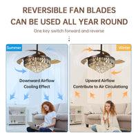 42"Chandelier Ceiling Fan Retractable Ceiling Fans With Lights And Remote Control 6 Speed 3 Changable Led Light Crystal Ceiling Fan Modern Light For Bedroom Indoor Living Room Coffee Luxury Abs Steel Q235