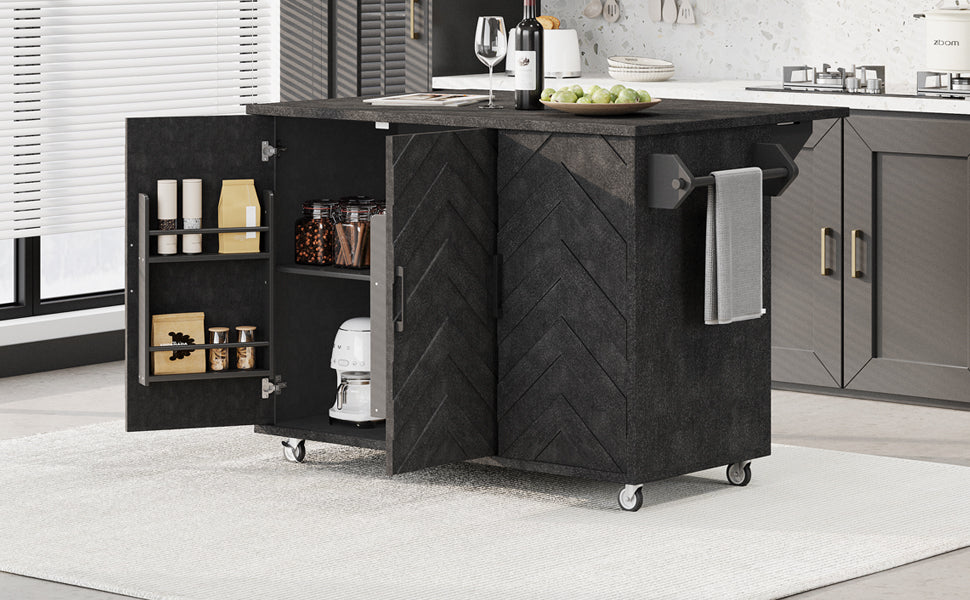 K&K 51.2"W 3D Wave Stripes Ash Veneer Not Cheap Paper Kitchen Island With Drop Leaf, Farmhouse Kitchen Island On Wheels With Internal Storage Rack, Rolling Kitchen Cart Black Black Brown Kitchen