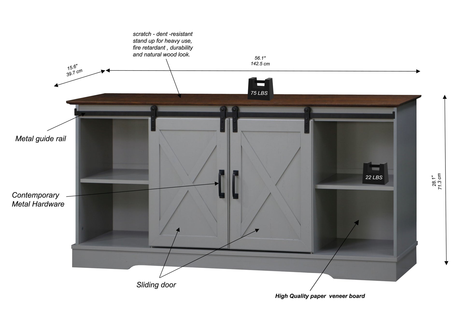 "56"" Tv Stand With 2 Barndoor" "Farmhouse Style Media Console With Barn Door Sliders Cape Code Gray And Rosewood Grain Finish, Multipurpose Entertainment Center" Multicolor 50 59 Inches Solid Wood