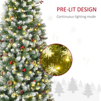 Homcom 6Ft Pre Lit Snow Dipped Artificial Christmas Tree With Realistic Branches, 300 Led Lights, Pine Cones, Red Berries And 618 Tips Green Pvc