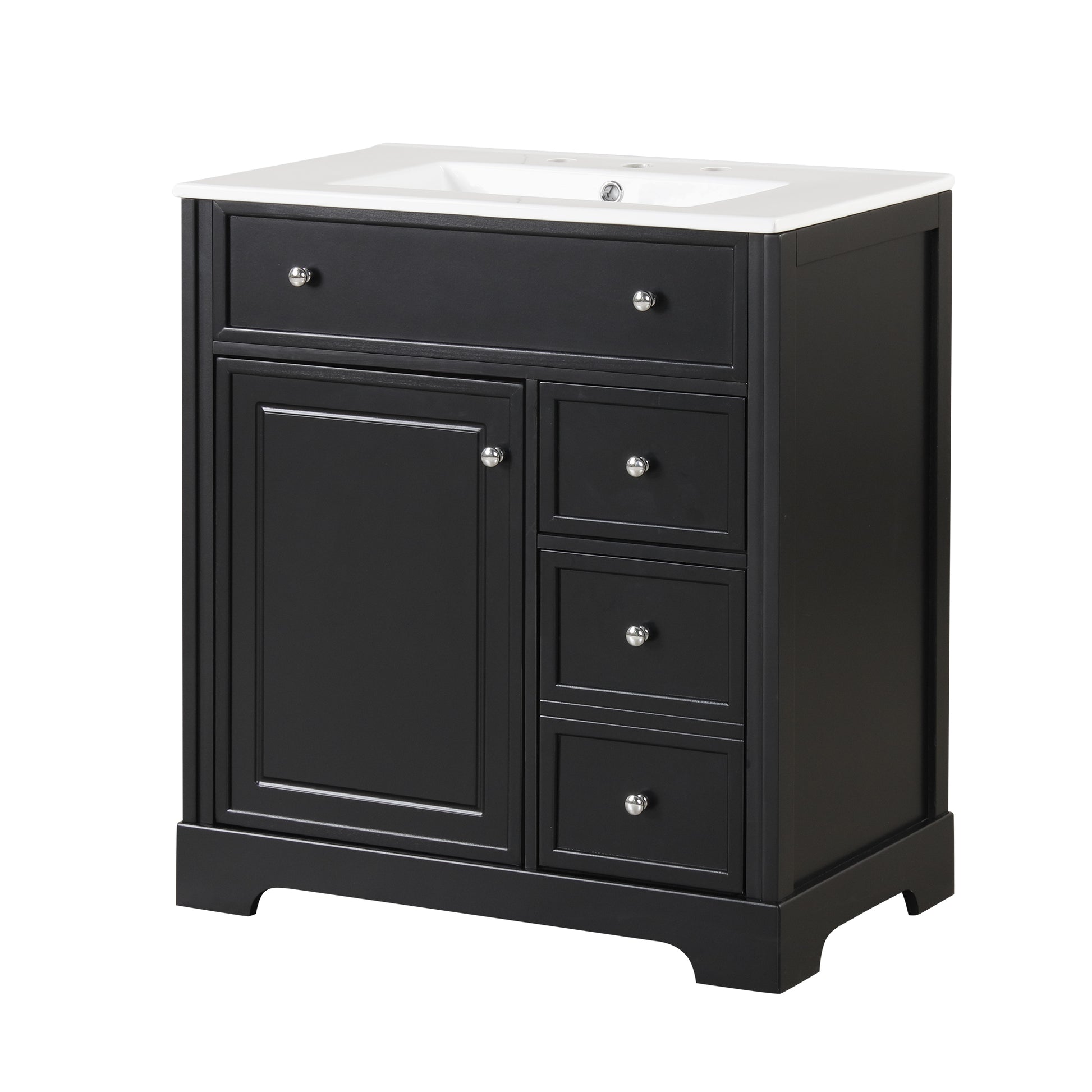 30" Bathroom Vanity With Sink Top, Bathroom Vanity Cabinet With Door And Two Drawers, Mdf Boards, Solid Wood, One Package, Black Black Solid Wood Mdf