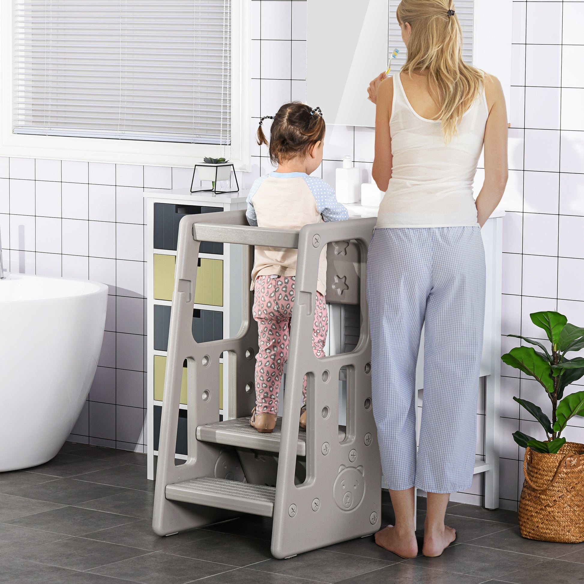 Qaba Toddler Tower With Adjustable Height, Toddler Kitchen Stool Helper With Anti Slip Mat, Step Stool For Kitchen, Bathroom, Gray Gray Plastic