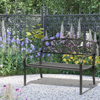 Outsunny 50" Outdoor Bench, Metal Garden Bench With Floral Pattern Backrest, Porch Bench With Slatted Seat For Park, Yard, Lawn, Black Black Iron