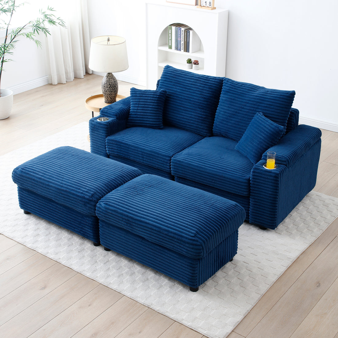 Loveseat With Ottomans,Corduroy Fabric Modular Sectional Sofa,Comfy Deep Plush Couch With Ottomans And Two Pillows,For Small Spaces, Living Room,Bedroom, Office, 5 Colors,Blue Blue Wood Primary