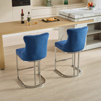 25" Counter Height Bar Stools Set Of 2, Modern Velvet Barstools With Button Back&Rivet Trim Upholstered Kitchen Island Chairs With Sturdy Chromed Metal Base Legs Farmhouse Bar Stools, Blue,2 Pack