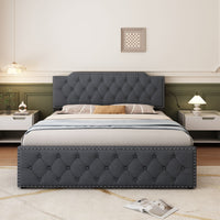 Queen Size Upholstered Platform Bed With Twin Size Trundle And Usb Portsdecorate With Copper Nails,Linen Fabric, Dark Grey Queen Dark Gray Composite Linen Fabric