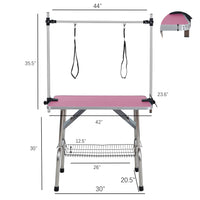 42" Folding Dog Pet Grooming Table Stainless Steel Frame Rubber Mat On Board With Adjustable Arm And Clamps Pet Dog Cat Grooming Table Pink Color Pink Rubber Stainless Steel