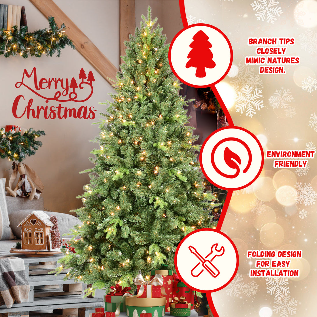 9Ft Artificial Christmas Tree With 3509 Pe&Pvc Mixed Branch Tips, Prelit Hinged Premium Spruce Fake Xmas Trees, Hinged Branch & Foldable Base, Green Green Polyethylene