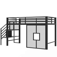 Twin Size Metal Low Loft Bed Frame With Storage Staircase And Iron Mesh,Black Expected Arrival Time:10.10 Black Metal