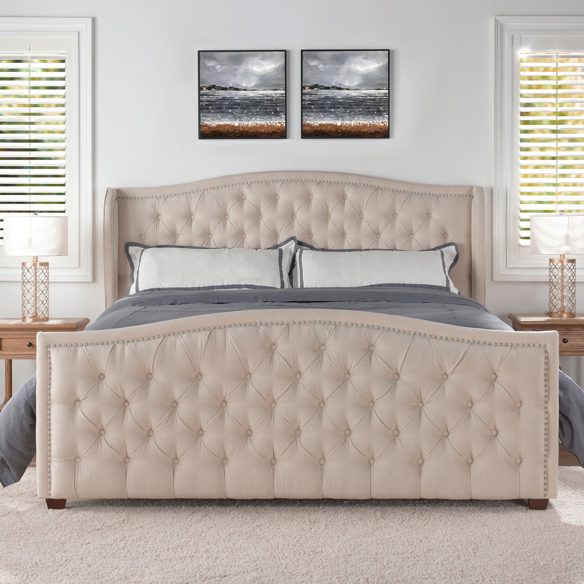 Marcella Upholstered Shelter Headboard Bed Set, King, Sky Neutral Beige Polyester Box Spring Required King Beige Wood Foam Polyester Polyester