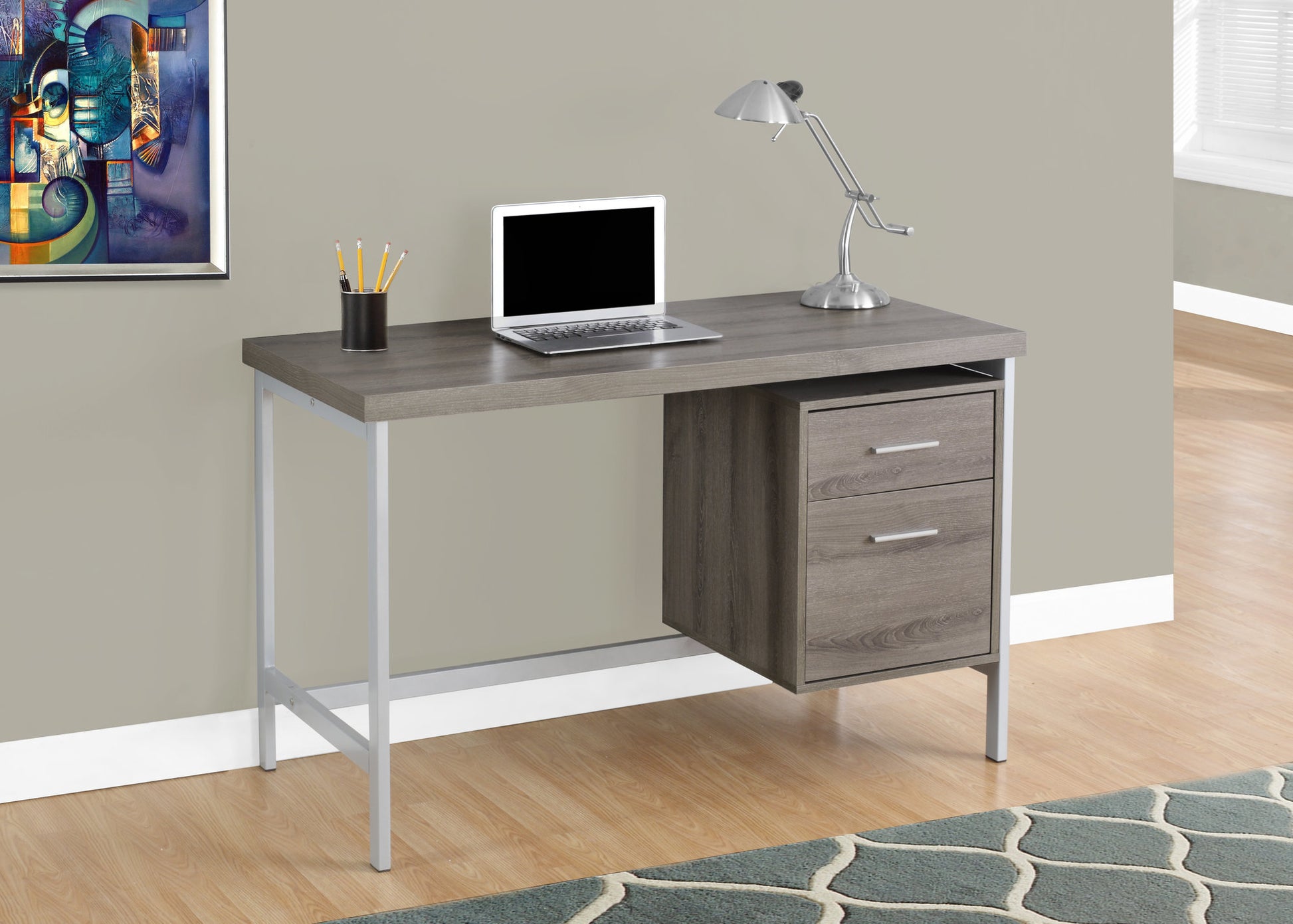 Computer Desk, Home Office, Laptop, Left, Right Set Up, Storage Drawers, 48"L, Work, Brown Laminate, Grey Metal, Contemporary, Modern Taupe Particle Board