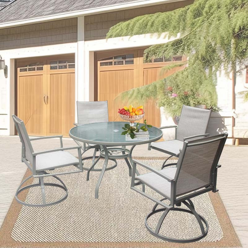 5 Piece Bistro Patio Table And Chairs Set With Tan Pvc Sling Swivel Rocker Chairs And Round Cast Top Outdoor Table, Premium Weather Resistant Outdoor Dining Set For Backyard & Deck No Brown Seats 4 Rust Resistant Frame Garden & Outdoor Classic Complete