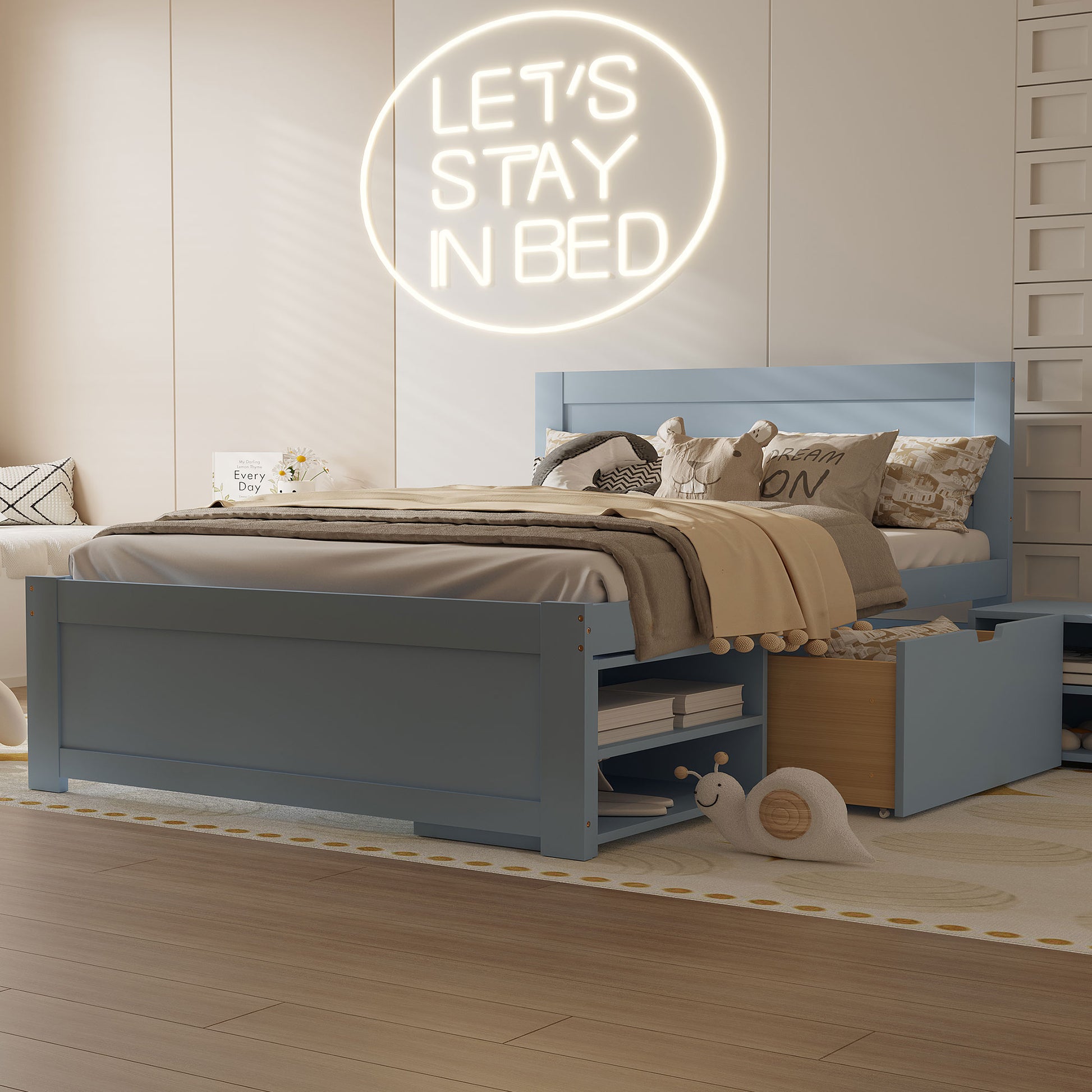 Full Size Platform Bed With Drawer And Two Shelves, Gray Expected Arrival Time: 10.28 Full Gray Mdf Lvl