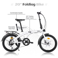 20" Folding Bike Steel Frame 7 Speed City Bike Cycling White Garden & Outdoor Steel