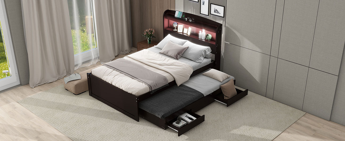 Twin Xl Size Platform Bed With Storage Led Headboard, Charging Station, Twin Size Trundle And 2 Drawers, Dark Brown Box Spring Not Required Twin Xl Dark Brown Wood Bedroom Bed Frame Solid Wood Mdf