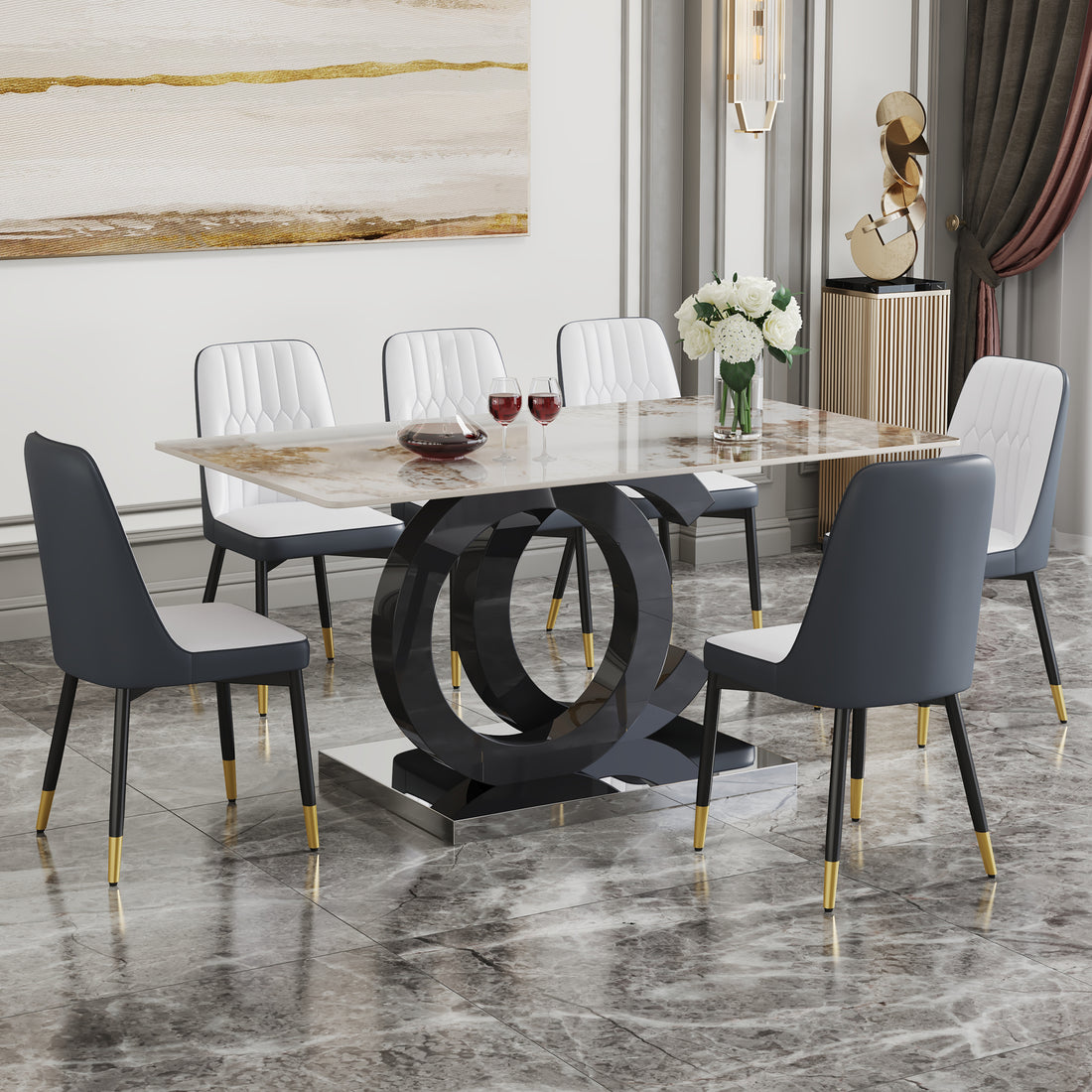 Table And Chair Set.63"X31.5" Marble Pattern Sintered Stone Table With Mdf Oc Shaped Bracket.Paired With 6 White And Dark Gray Spliced Chairs With Pu Cushions And Black Metal Legs. Dark Gray,White