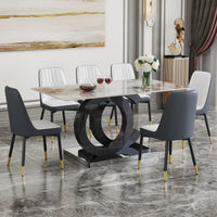 Table And Chair Set.63"X31.5" Marble Pattern Sintered Stone Table With Mdf Oc Shaped Bracket.Paired With 6 White And Dark Gray Spliced Chairs With Pu Cushions And Black Metal Legs. Dark Gray,White
