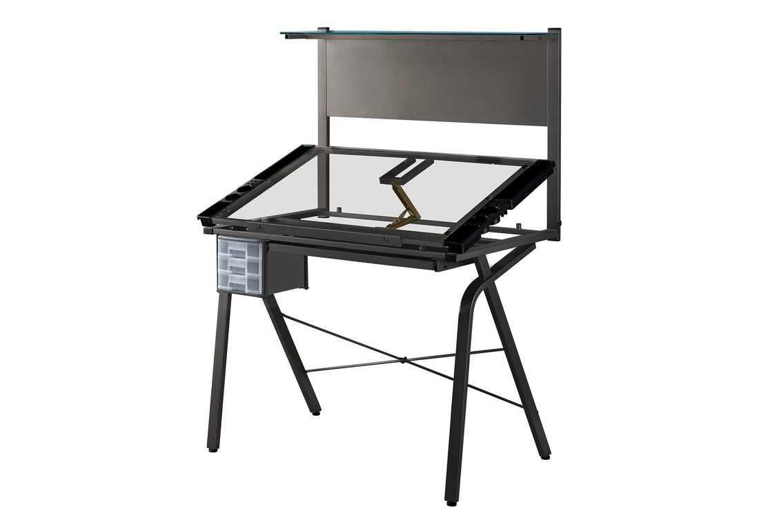 Drafting Table, Adjustable Angle, Drawing, Storage, Craft, Grey Metal, Clear Tempered Glass, Contemporary, Modern Grey Metal