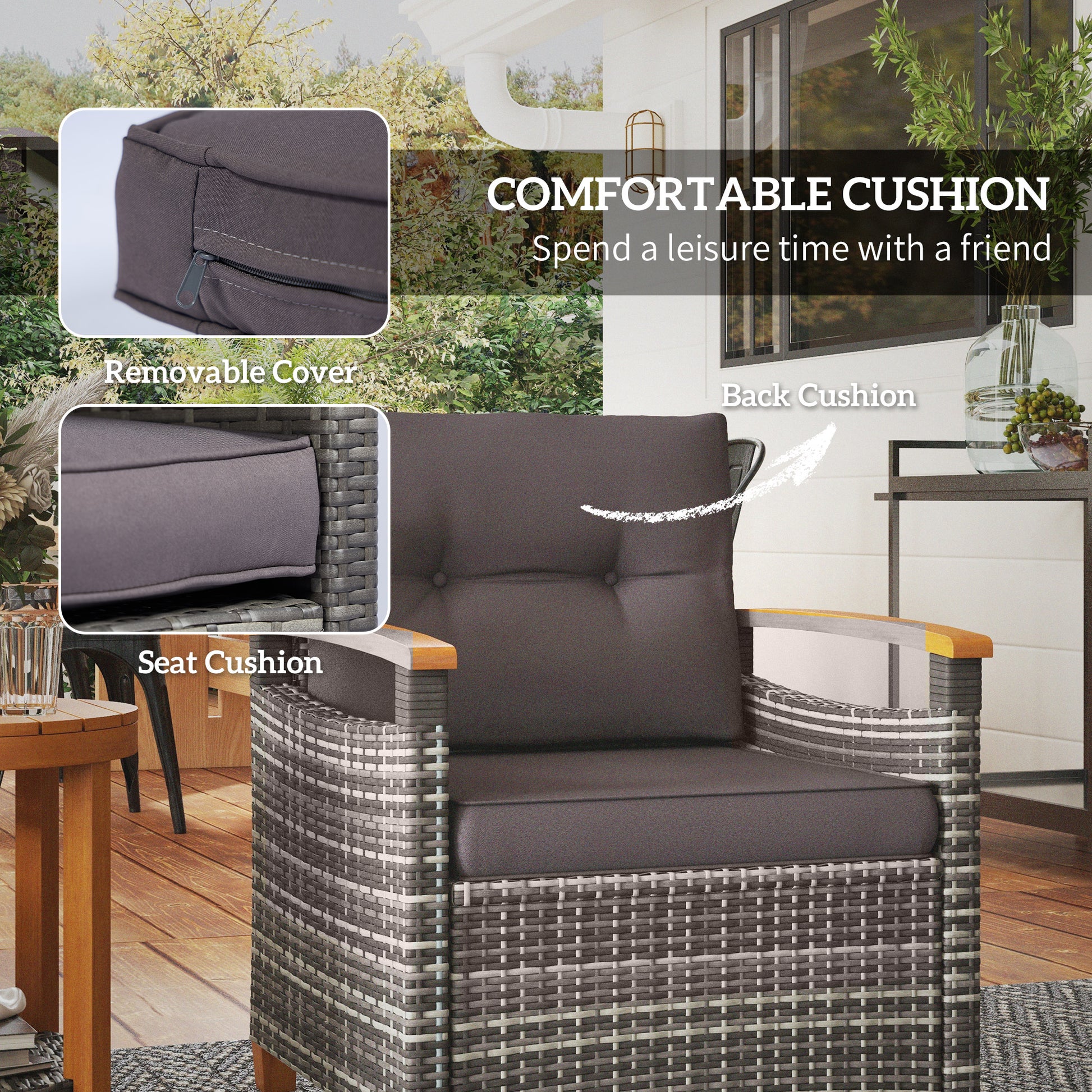 Outsunny 3 Pieces Patio Bistro Set Wooden With Cushions, Pe Wicker Patio Furniture Outdoor For Porch, Backyard, Garden, Gray Gray Rattan Metal