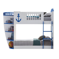 Sky Blue And White Twin Twin Boat Shaped Bunk Bed White Blue White Mdf