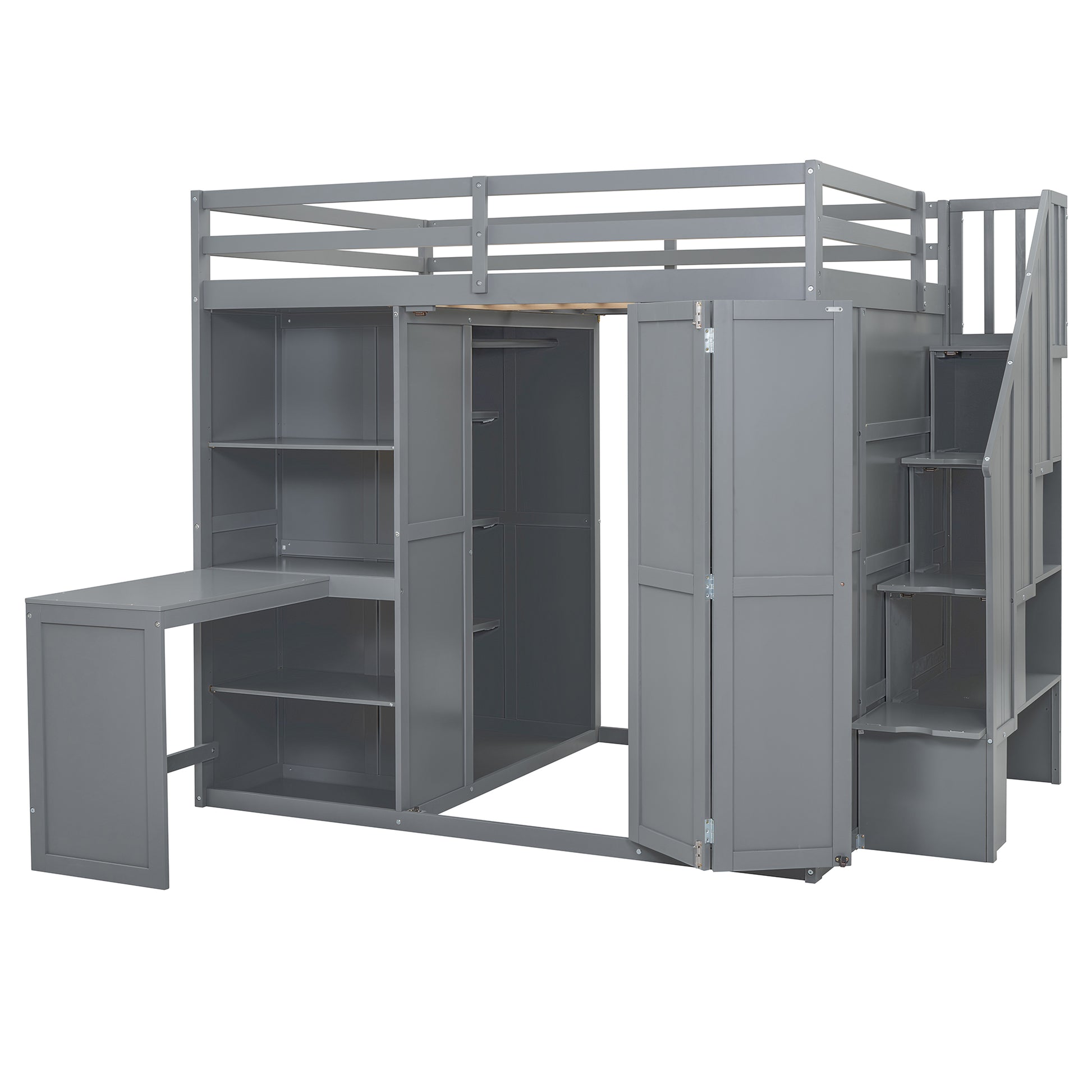 Full Size Bunk Bed With Wardrobe,Desk And Shelves,Grey Grey Mdf Lvl