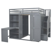 Full Size Bunk Bed With Wardrobe,Desk And Shelves,Grey Grey Mdf Lvl