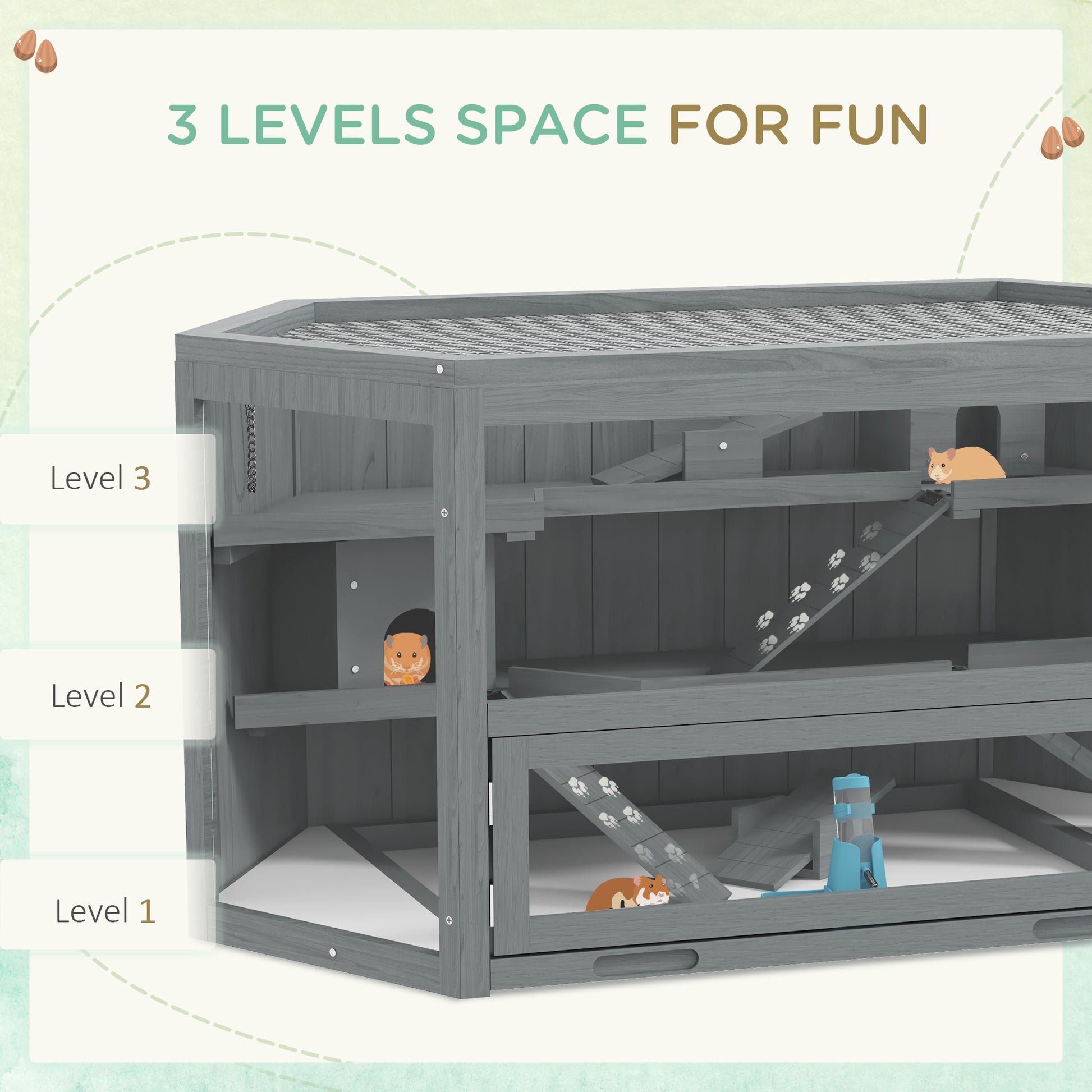 Pawhut Wooden Large Hamster Cage Small Animal Exercise Play House 3 Tier With Tray, Seesaws, Water Bottle, Activity Center, Gray Gray Wood