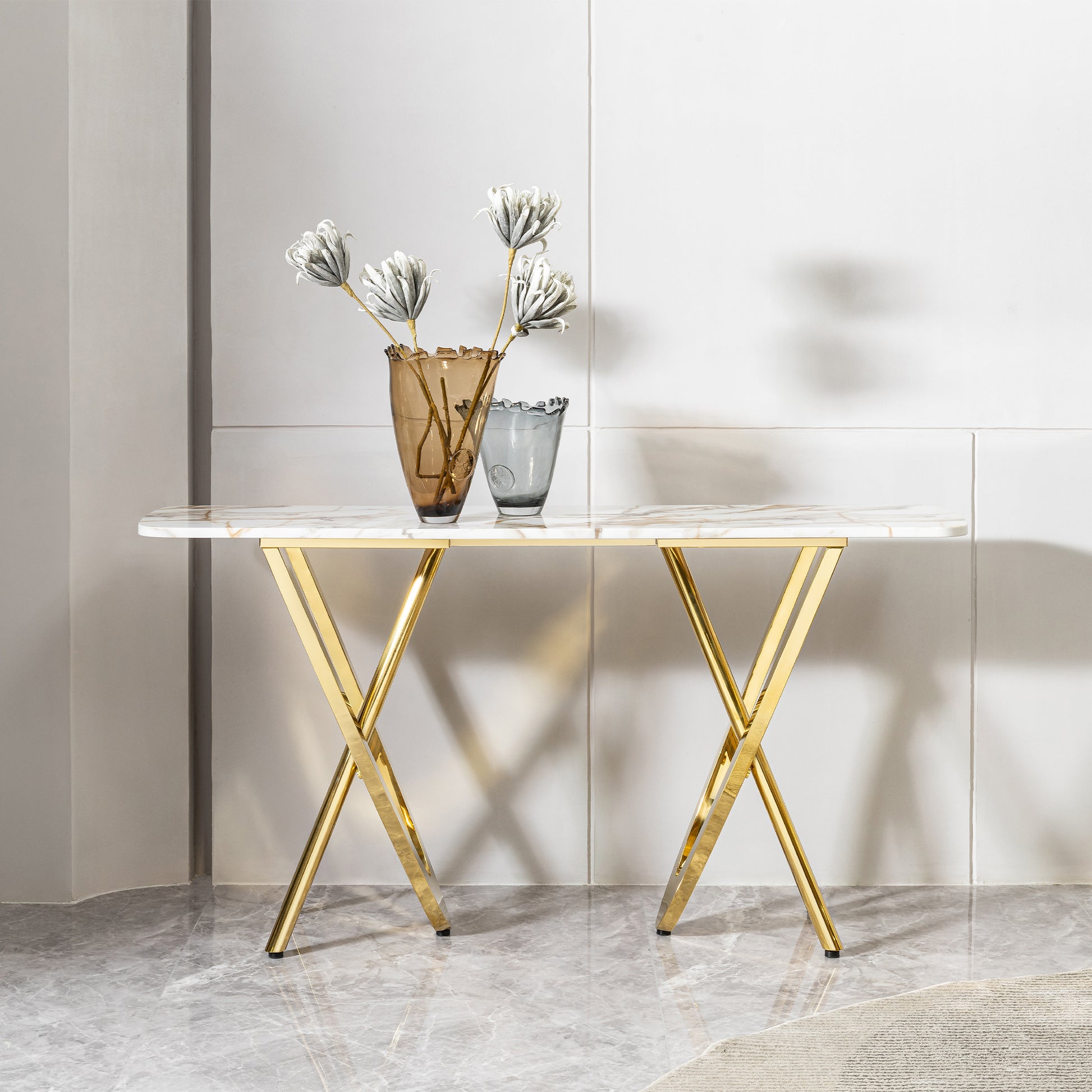 Modern 0.78" Thickness Marble Pattern Top Mirror Gold Stainless Steel Rectangle Console Table For Living Room Gold Primary Living Space Modern Console Tables Rectangular Stainless Steel