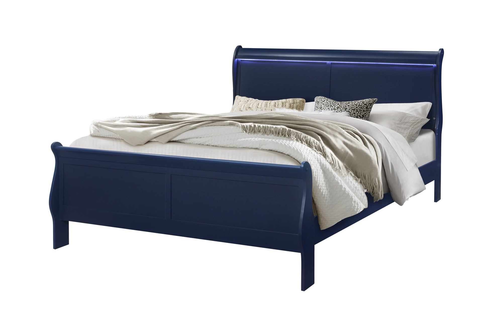 Charlston Blue King Bed With Led Blue Solid Wood Mdf