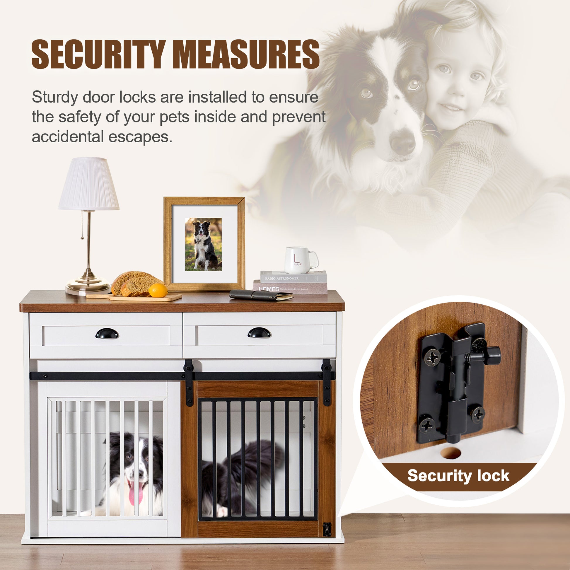 Heavy Duty Furniture Style Dog Cage Wooden Dog Cage Double Door Dog Cage Side Cabinet Dog Cage Dog Crate 44 1 2"W *23"D *33 1 4"H White Walnut Particle Board