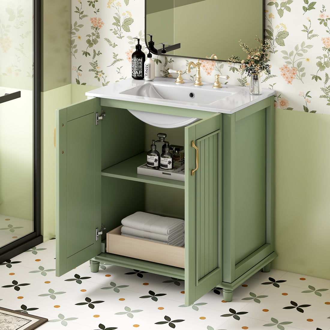 30 Inch Bathroom Vanity With Resin Sink, Freestanding Bathroom Vanity Set With Hidden Drawer, Storage Cabinet For Bathroom, Solid Wood Frame Bathroom Cabinet Green Bathroom Modern Solid Wood Mdf Resin