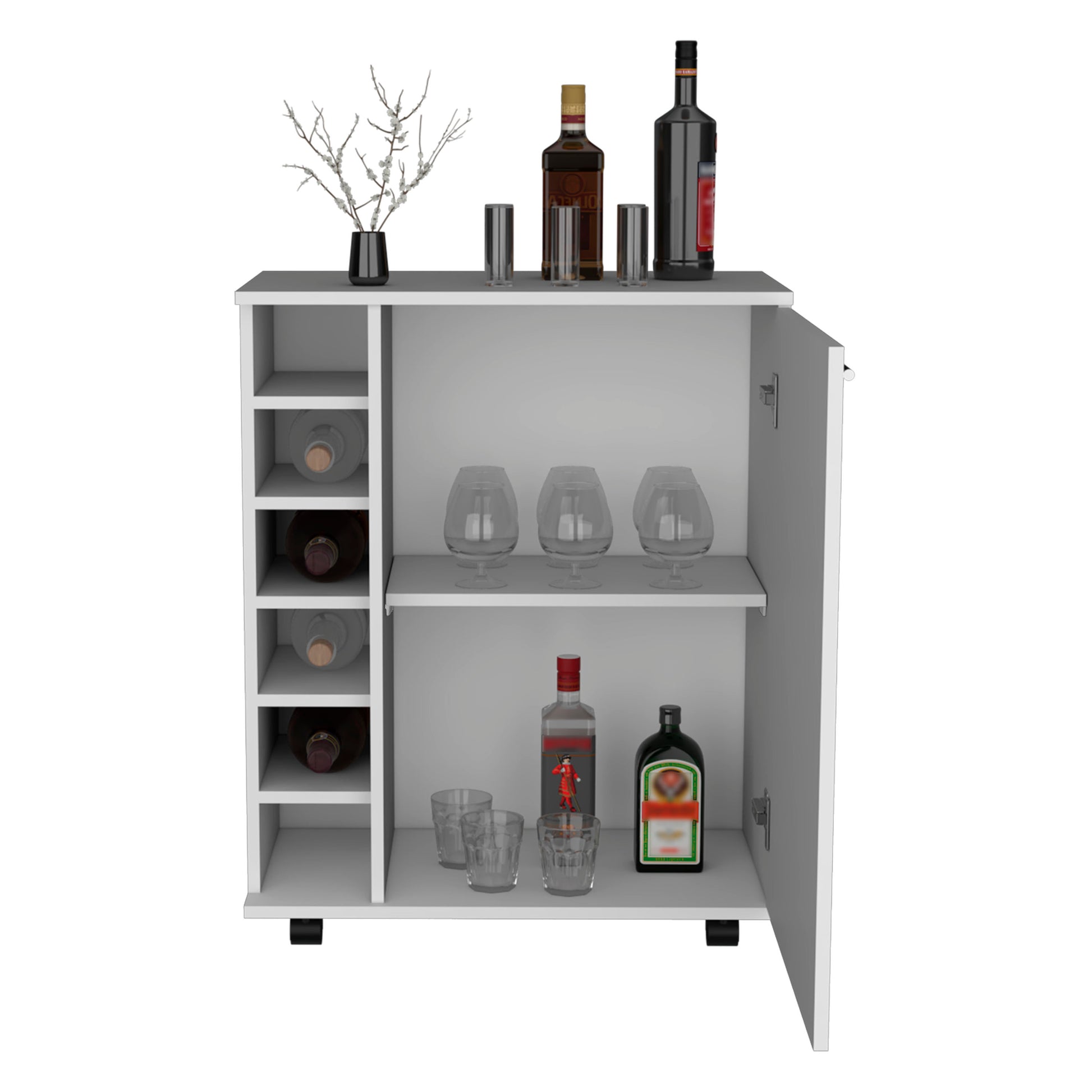 Wick Bar Cart With Integrated Wine Storage, Spacious Cabinet And Smooth Rollers White Dining Room Modern Particle Board Engineered Wood