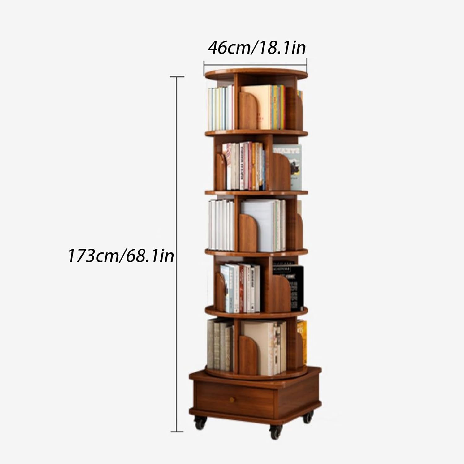 Rotating Bookshelf, 360 Display Corner Bookshelf For Small Space, 6 Tier Bookcase Storage Rack With Wheels, Wood Narrow Organizer For Bedroom, Living Room, Study Room, Walnut Brown Walnut Brown Mdf