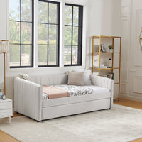 Twin Size Daybed With Trundle Upholstered Sofa Bed, With Vertical Stripes, Linen Fabric, Beige 82.5"X43"X30" Beige Linen