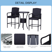 Outsunny Rattan Wicker Bar Set For 3 Pcs With Ice Buckets, Patio Furniture With 1 Bar Table And 2 Bar Stools For Poolside, Backyard, Porches Dark Brown Steel