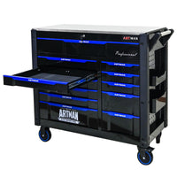 12 Layer Drawer Multi Purpose Tool Car, With Wheels, Iron Top Black Blue Steel