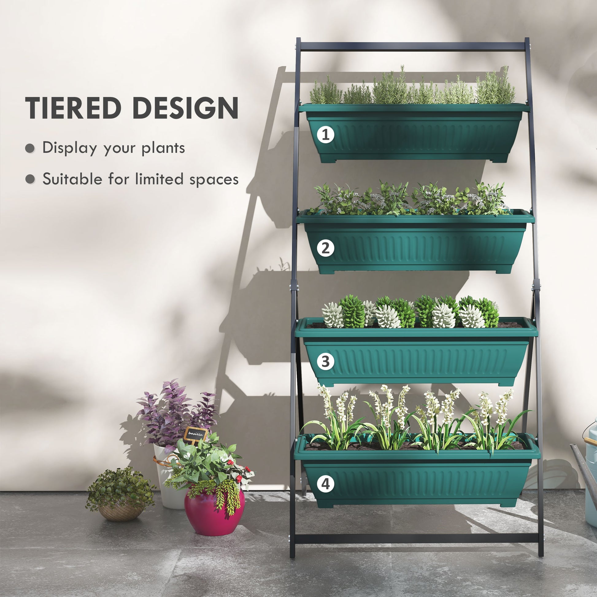 Outsunny Raised Garden Bed, 4 Tier Vertical Garden Planter Set, 4 Outdoor Planter Boxes With Stand, Self Draining Design Elevated Garden For Vegetable, Flowers & Herbs, Green Green Plastic