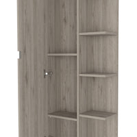 Los Angeles Corner Cabinet, Five Shelves, One Cabinet, Divisions Beige 1 5 18 To 23 In 60 In & Above Bathroom Freestanding Contemporary 5 10 Inches Melamine Particle Board