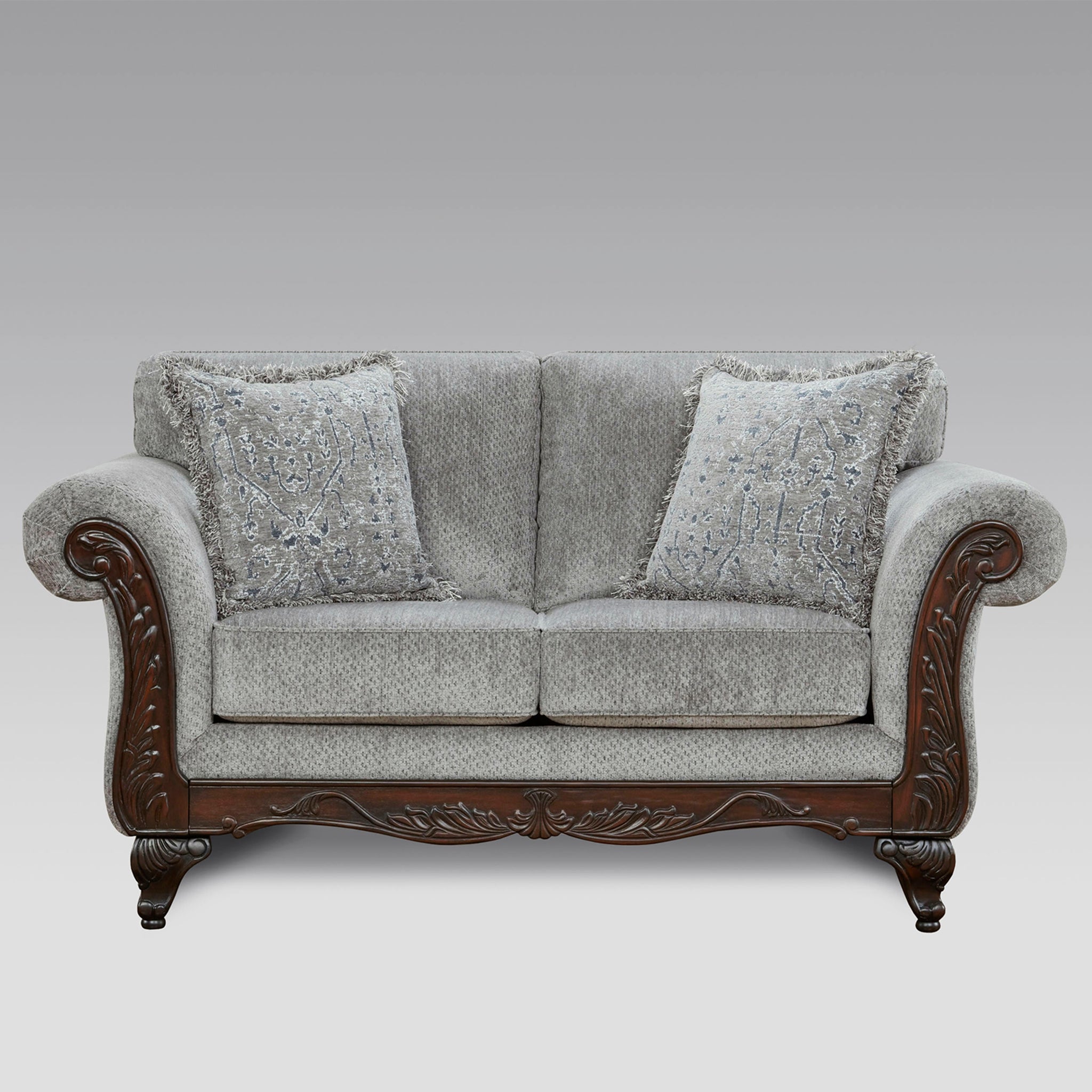 Hernen Carved Wood Frame Loveseat Gray Brown Microfiber Wood Primary Living Space Cushion Back Rolled Arms Wood Fabric